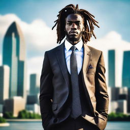 A tall and strong black man with dreadlocks, wearing a stylish tie and a well-fitted suit