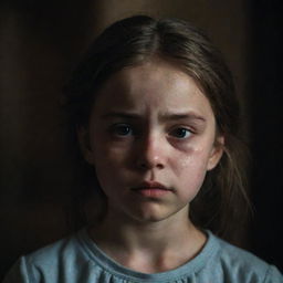 A young girl with downcast eyes, and a slight tear in her eye. She's in a dimly lit room. She has a sorrowful expression on her face.