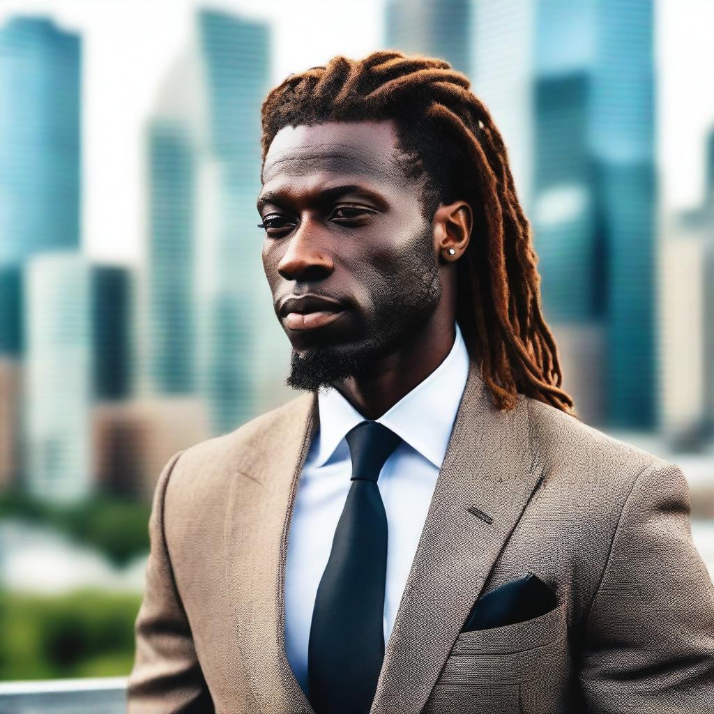 A tall and strong black man with dreadlocks, wearing a stylish tie and a well-fitted suit