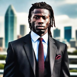 A tall and strong black man with dreadlocks, wearing a stylish tie and a well-fitted suit