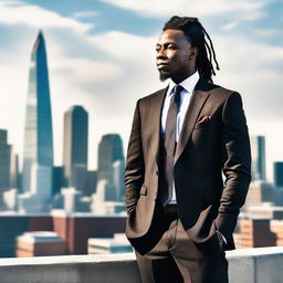 A tall and strong black man with short dreadlocks, wearing a stylish tie and a well-fitted suit