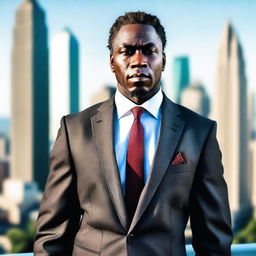 A tall and strong black man with short dreadlocks, wearing a stylish tie and a well-fitted suit