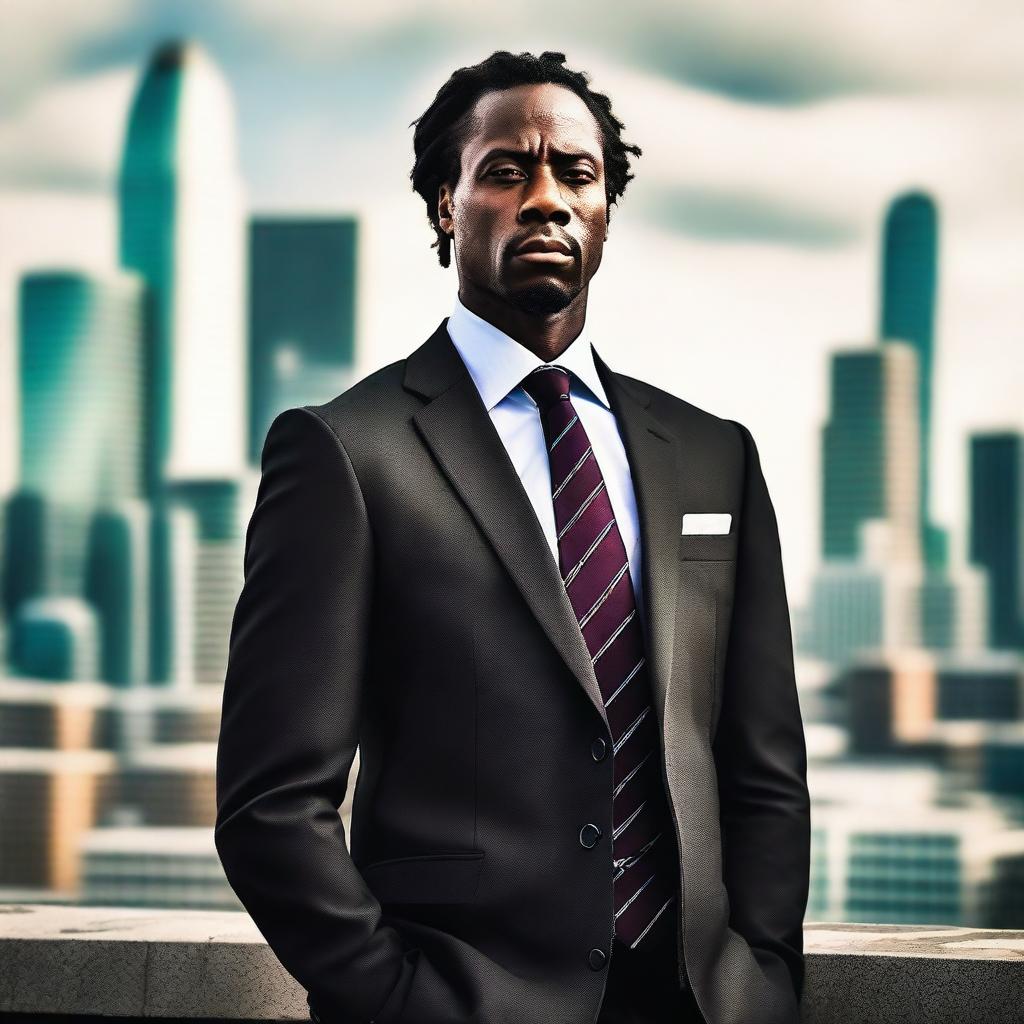 A tall and strong black man with short dreadlocks, wearing a stylish tie and a well-fitted suit