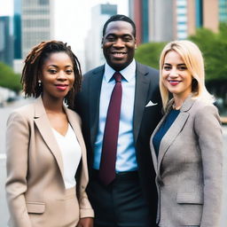 A tall and strong black man with short dreadlocks, wearing a stylish tie and a well-fitted suit, standing confidently with two women