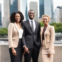 A tall and strong black man with short dreadlocks, wearing a stylish tie and a well-fitted suit, standing confidently with two women