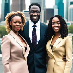 A tall and strong black man with short dreadlocks, wearing a stylish tie and a well-fitted suit, standing confidently with two women