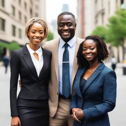 A tall and strong black man with short dreadlocks, wearing a stylish tie and a well-fitted suit, standing confidently with two women