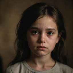 A young girl with downcast eyes, and a slight tear in her eye. She's in a dimly lit room. She has a sorrowful expression on her face.