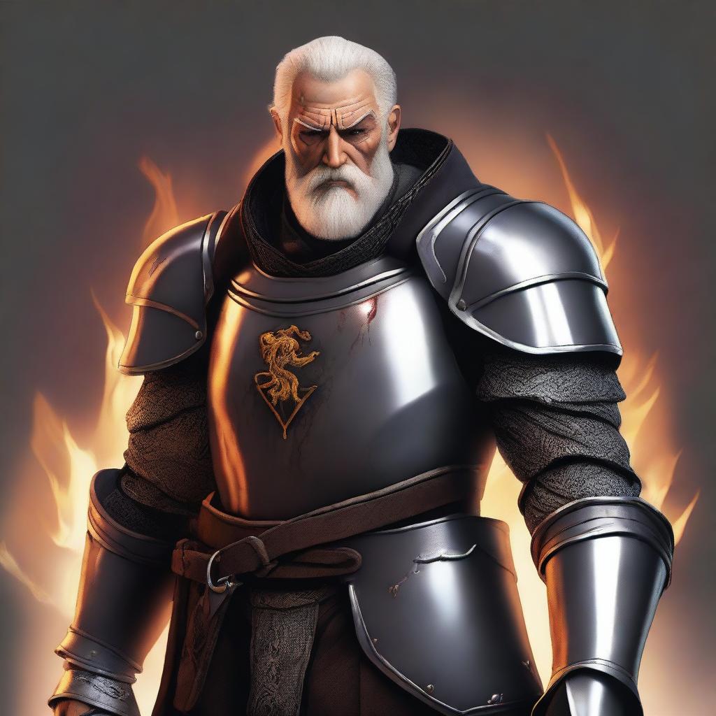 An old soldier with gray hair and an unkempt beard, wearing a black eye patch, and clad in iron armor