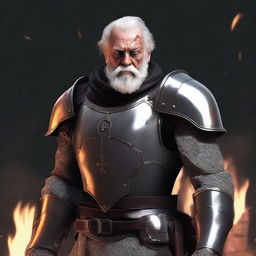 An old soldier with gray hair and an unkempt beard, wearing a black eye patch, and clad in iron armor