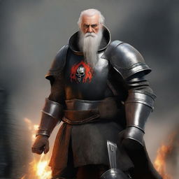 An old soldier with gray hair and an unkempt beard, wearing a black eye patch, and clad in iron armor