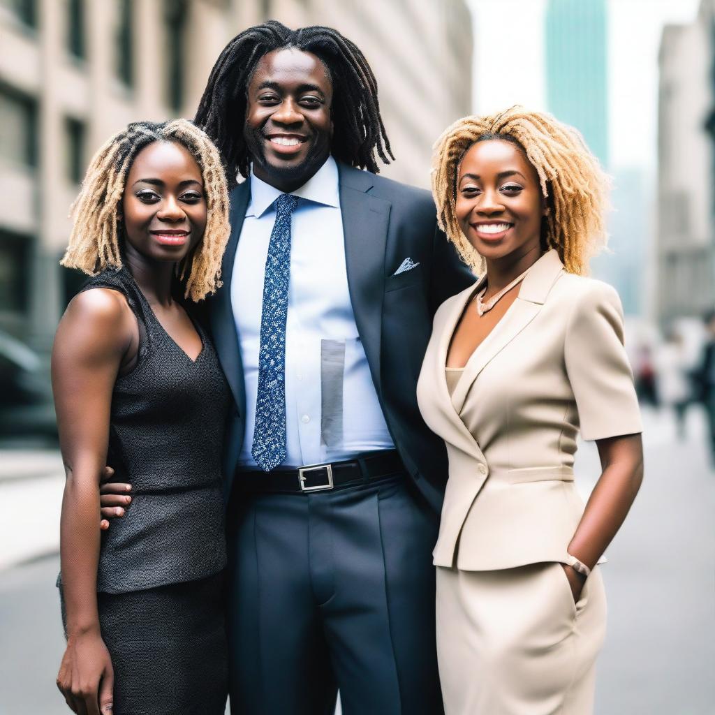 A tall and strong black man with short dreadlocks, wearing a stylish tie and a well-fitted suit, standing confidently with two women