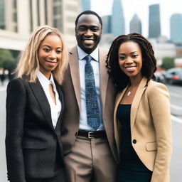 A tall and strong black man with short dreadlocks, wearing a stylish tie and a well-fitted suit, standing confidently with two women