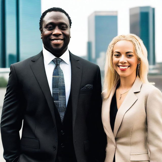 A tall and strong black man with short dreadlocks, wearing a stylish tie and a well-fitted suit, standing confidently with two women