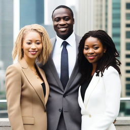 A tall and strong black man with short dreadlocks, wearing a stylish tie and a well-fitted suit, standing confidently with two women