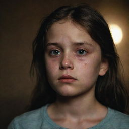 A young girl with downcast eyes, and a slight tear in her eye. She's in a dimly lit room. She has a sorrowful expression on her face.