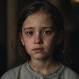 A young girl with downcast eyes, and a slight tear in her eye. She's in a dimly lit room. She has a sorrowful expression on her face.