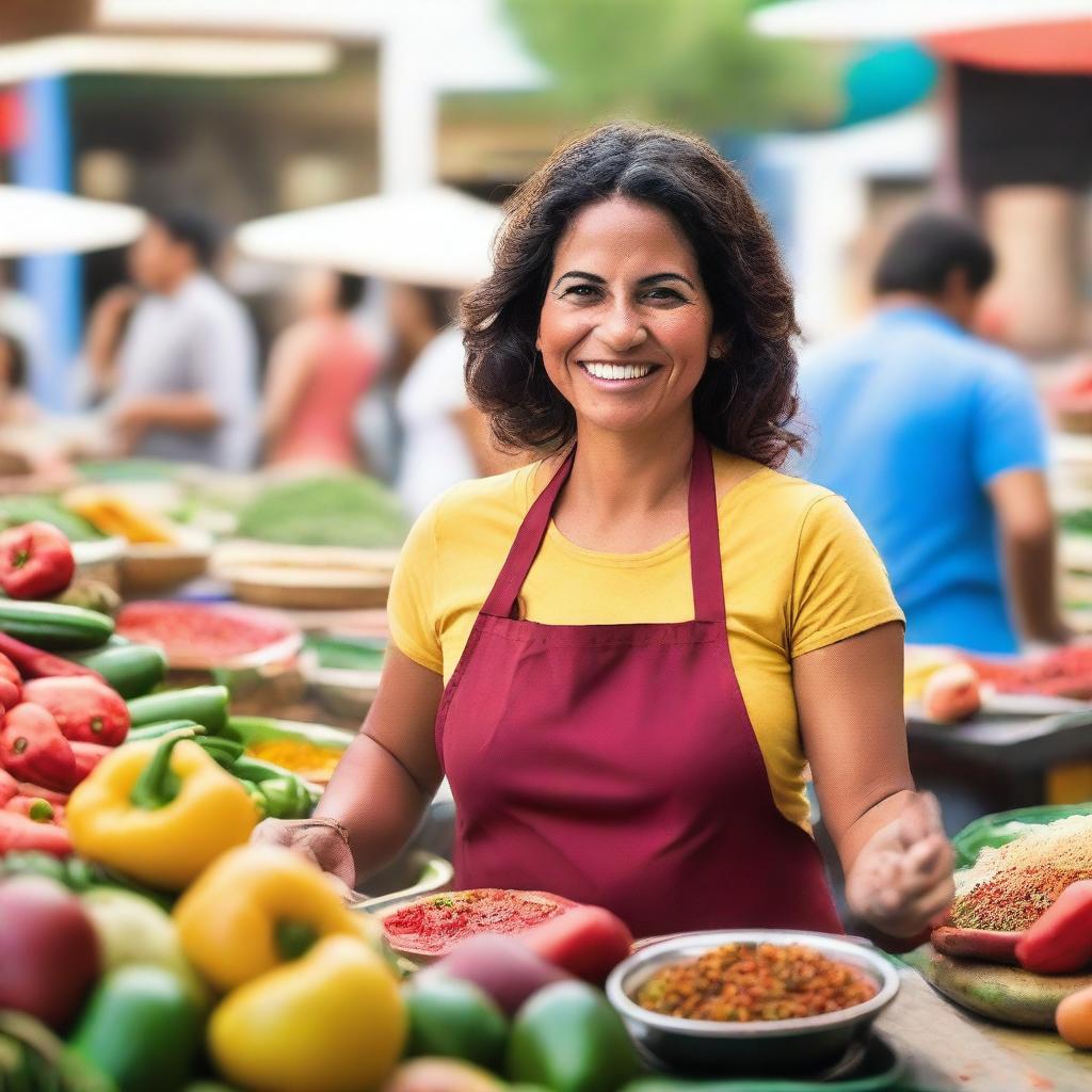 A vibrant scene of a Latin woman cooking in a bustling market