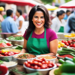 A vibrant scene of a Latin woman cooking in a bustling market