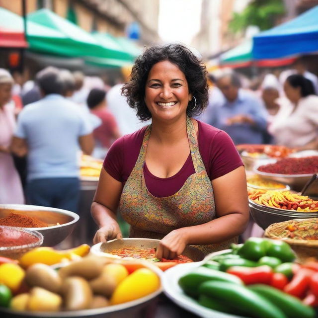 A vibrant scene of a Latin woman cooking in a bustling market