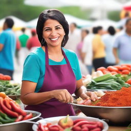 A vibrant scene of a Latin woman cooking in a bustling market