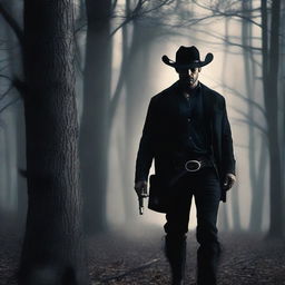 A cowboy dressed in black, hunting in dense woods