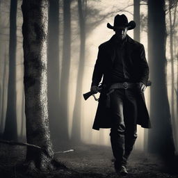 A cowboy dressed in black, hunting in dense woods