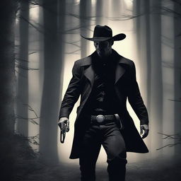 A cowboy dressed in black, hunting in dense woods