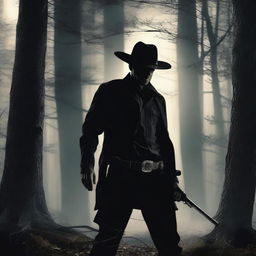 A cowboy dressed in black, hunting in dense woods