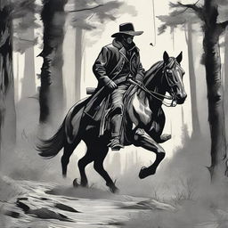 A detailed drawing of a cowboy dressed in black hunting in the woods