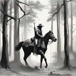 A detailed drawing of a cowboy dressed in black hunting in the woods