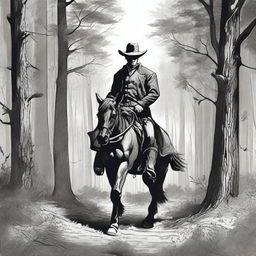 A detailed drawing of a cowboy dressed in black hunting in the woods