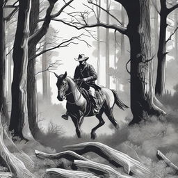 A detailed drawing of a cowboy dressed in black hunting in the woods