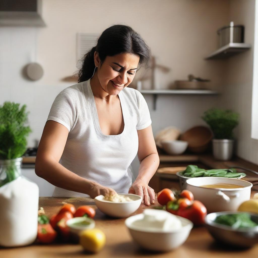 A heartwarming scene of a Latin woman cooking for her family in a cozy kitchen