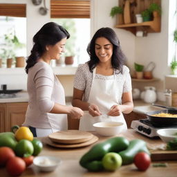 A heartwarming scene of a Latin woman cooking for her family in a cozy kitchen