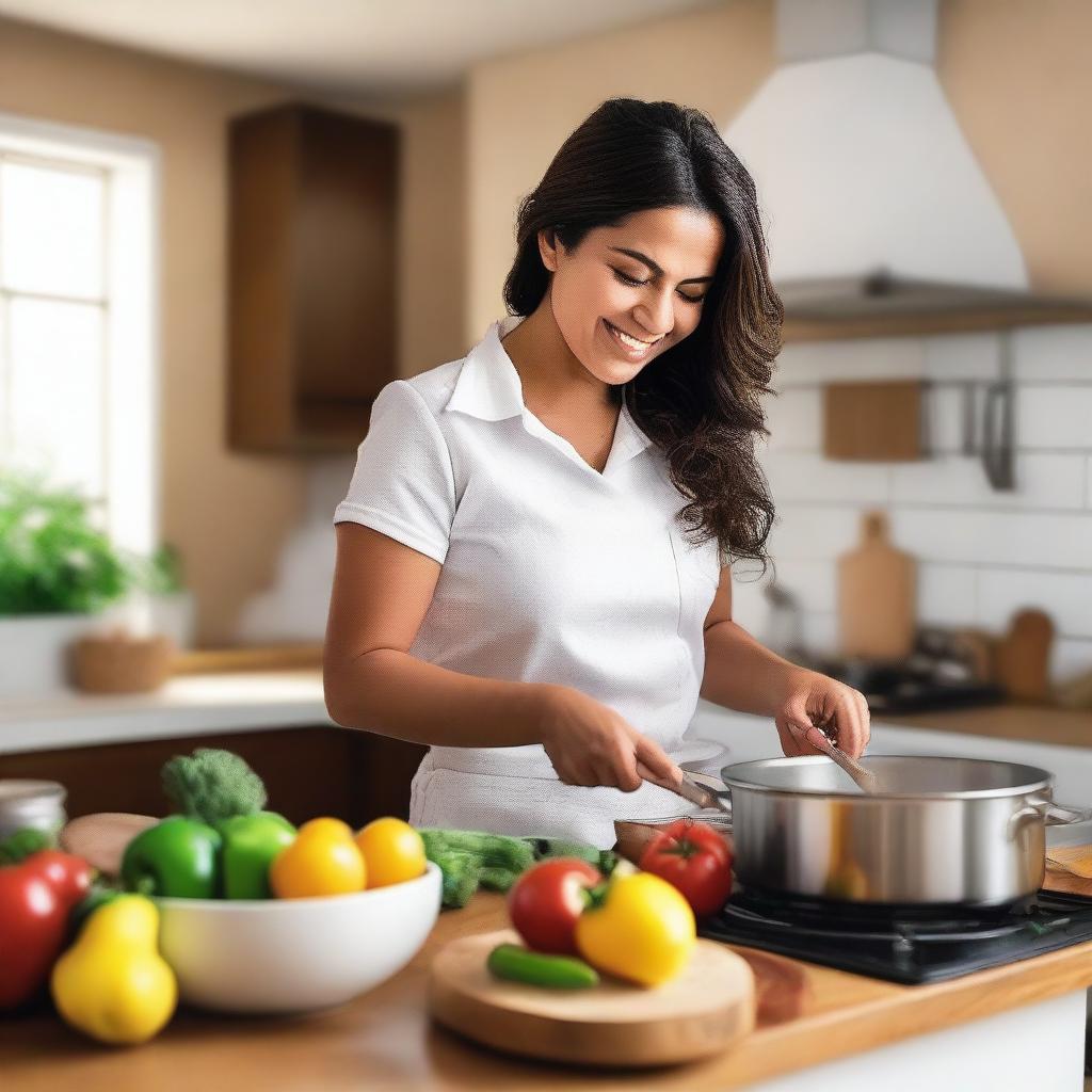 A heartwarming scene of a Latin woman cooking for her family in a cozy kitchen