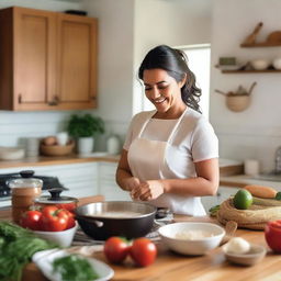 A heartwarming scene of a Latin woman cooking for her family in a cozy kitchen