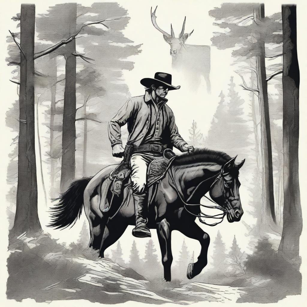 A detailed drawing of a cowboy dressed in black, hunting a wapiti in dense woods