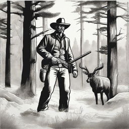 A detailed drawing of a cowboy dressed in black, hunting a wapiti in dense woods