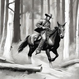 A detailed drawing of a cowboy dressed in black, hunting a wapiti in dense woods