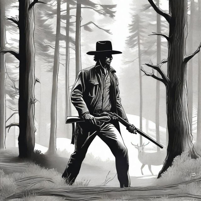 A detailed drawing of a cowboy dressed in black, hunting a wapiti in dense woods