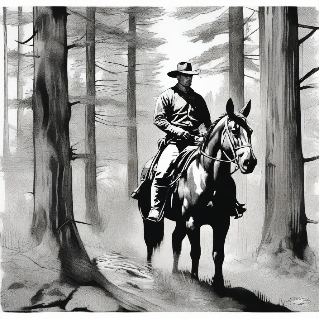 A detailed drawing of a cowboy dressed in black, hunting a wapiti in dense woods