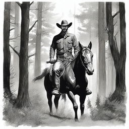 A detailed drawing of a cowboy dressed in black, hunting a wapiti in dense woods