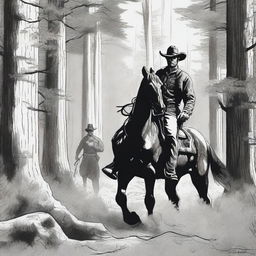 A detailed drawing of a cowboy dressed in black, hunting a wapiti in dense woods