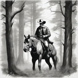 A detailed drawing of a cowboy dressed in black, hunting a wapiti in dense woods