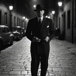 Film noir-inspired scene featuring a 1940s-era gangster, dressed in a sharp pinstripe suit, walking on a cobblestone street under dim streetlights.