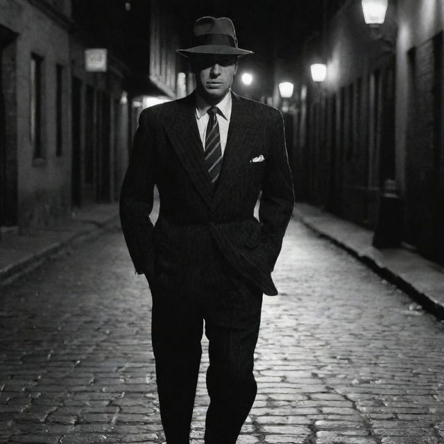 Film noir-inspired scene featuring a 1940s-era gangster, dressed in a sharp pinstripe suit, walking on a cobblestone street under dim streetlights.