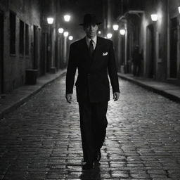 Film noir-inspired scene featuring a 1940s-era gangster, dressed in a sharp pinstripe suit, walking on a cobblestone street under dim streetlights.