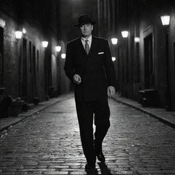 Film noir-inspired scene featuring a 1940s-era gangster, dressed in a sharp pinstripe suit, walking on a cobblestone street under dim streetlights.