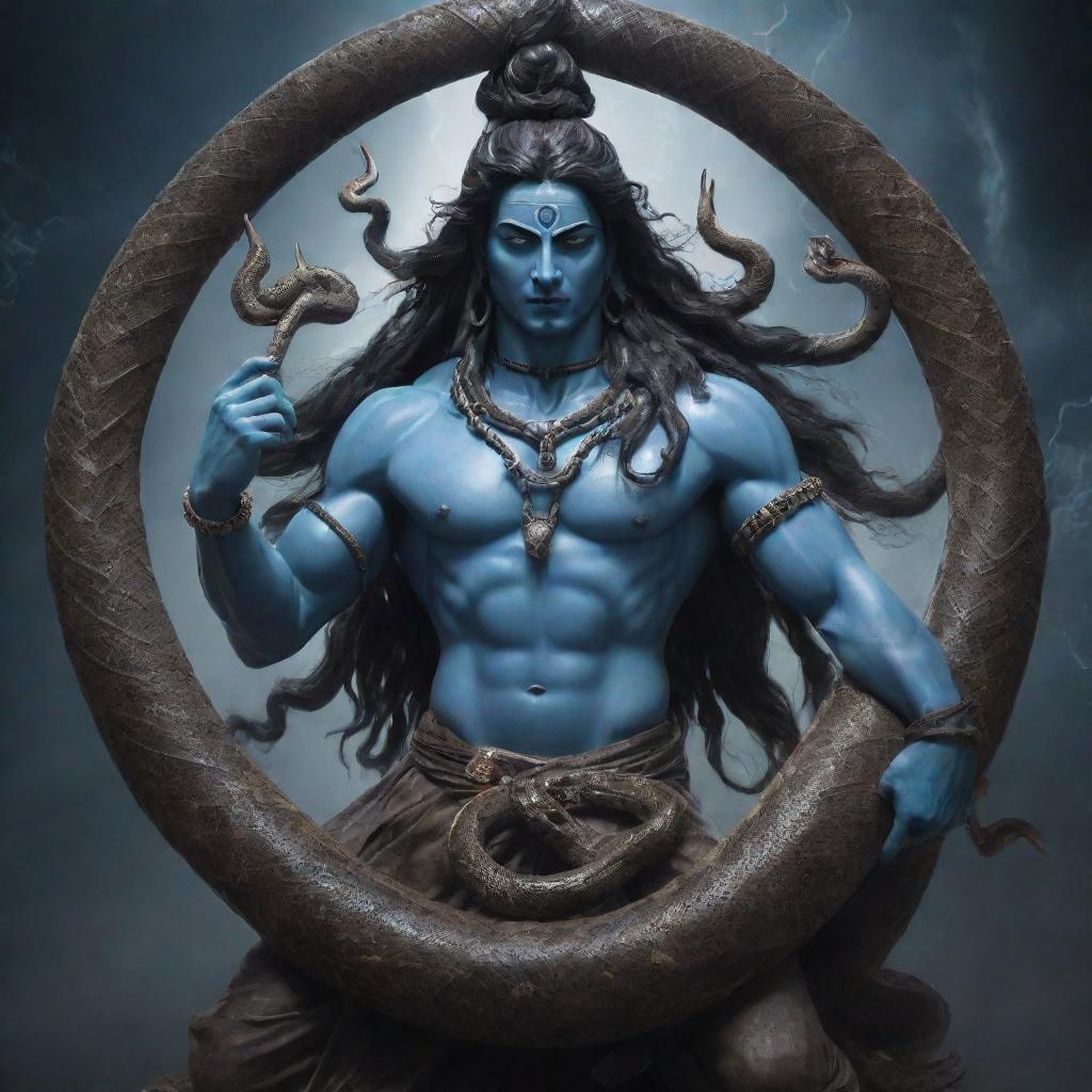 Lord Shiva, an Indian deity, with an intense, aggressive expression. A large snake is coiled around him. A thunderous, cosmic background encapsulates the scene.